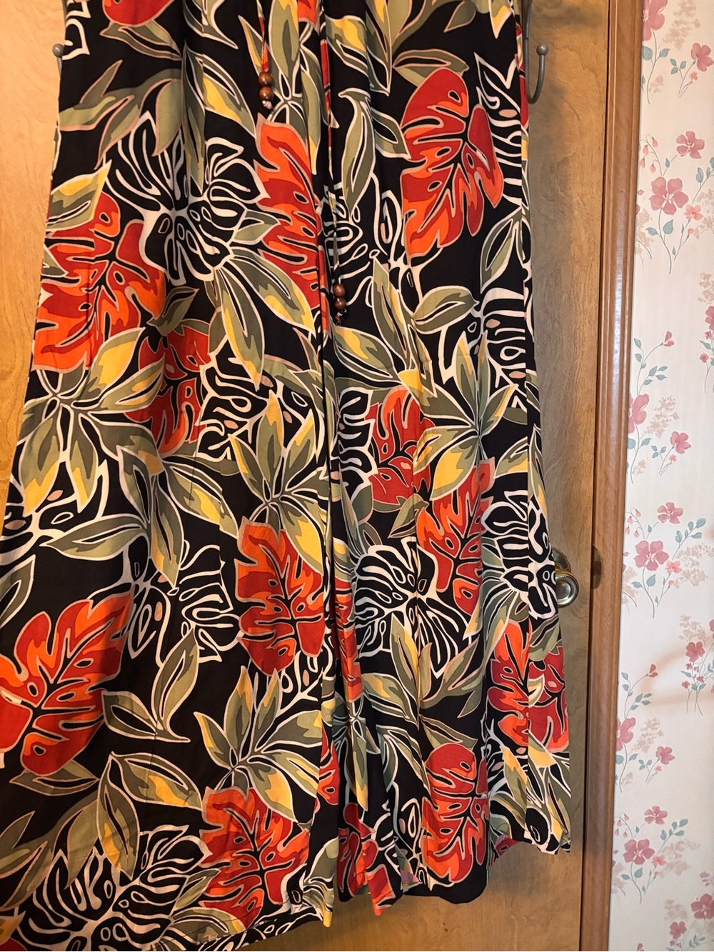 Black Pants with Red and Olive Tropical Leaves